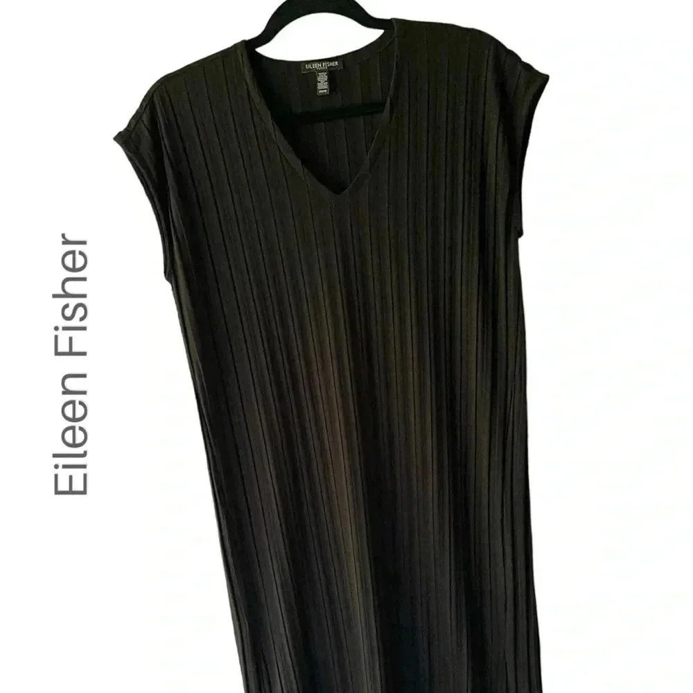 EILEEN FISHER | SLEEVELESS BLACK V-NECK WIDE RIB MIDI SHIRT DRESS | SIZE: PETITE